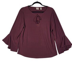 Chicos Bell Sleeve Top Women's Medium (1) Wine Burgundy Lace Front Stretchy